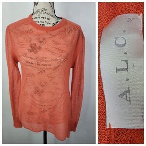 A.L.C Long Sleeves Sheer Top S/M Delicate Knit Crew Neck Orange